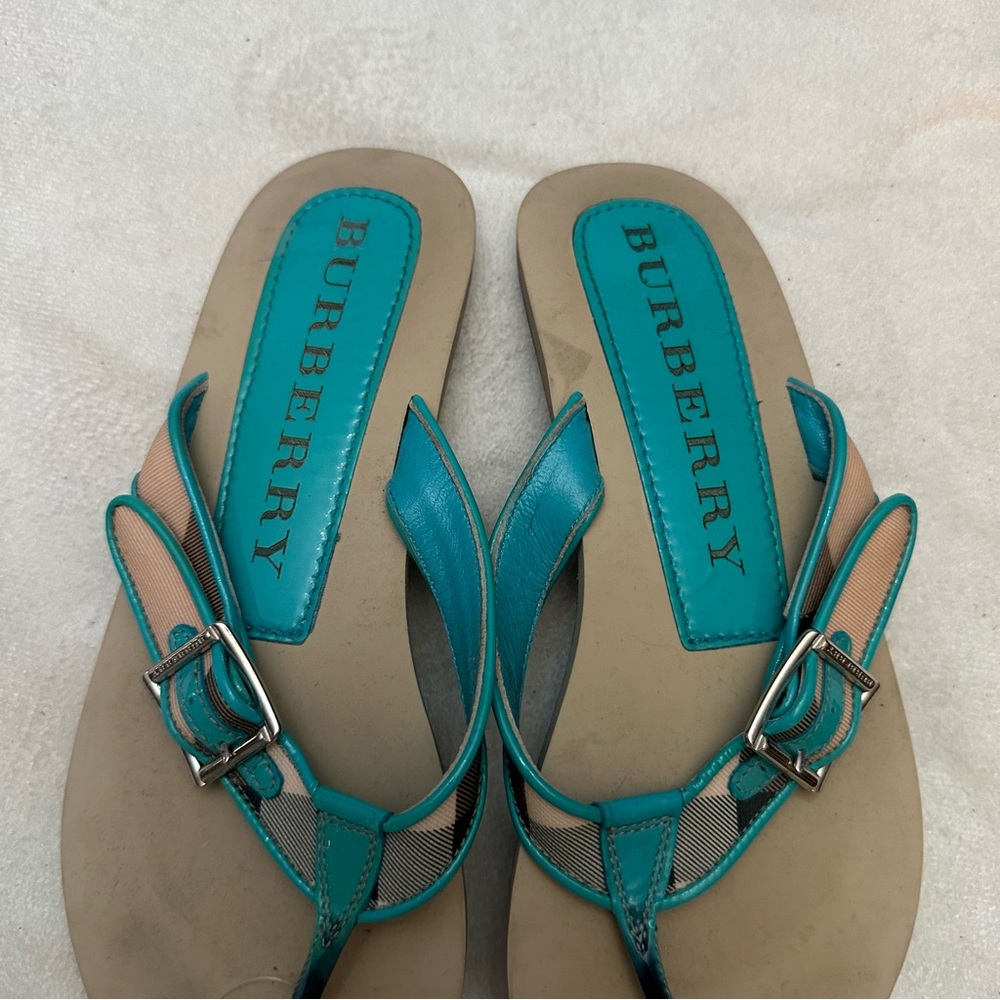 Burberry Turquoise Thong Sandals Nova Check Leather Buckle Flip Flops - Picture 3 of 7